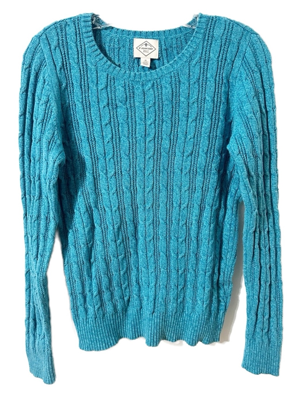 St. John’s Bay Turquoise Blue Cable Knit Crewneck Sweater Size M